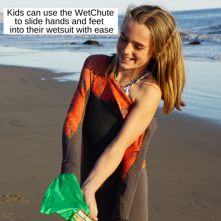 WetChute Micro size is perfect for kids ages 8 and under. Comes in bright variety of colors. Helps you slide into your wetsuit fast and easy and has a carabiner that comes with it to attach it to your beach bag. Perfect gift for kids and adults. Can be used over feet and hands.