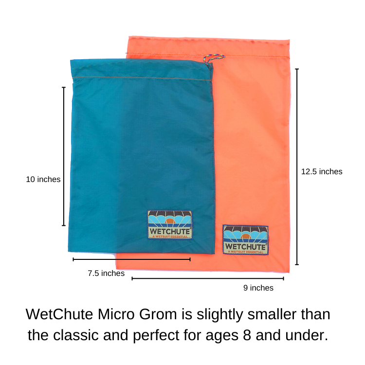 WetChute Micro size is perfect for kids ages 8 and under. Comes in bright variety of colors. Helps you slide into your wetsuit fast and easy and has a carabiner that comes with it to attach it to your beach bag. Perfect gift for kids and adults.