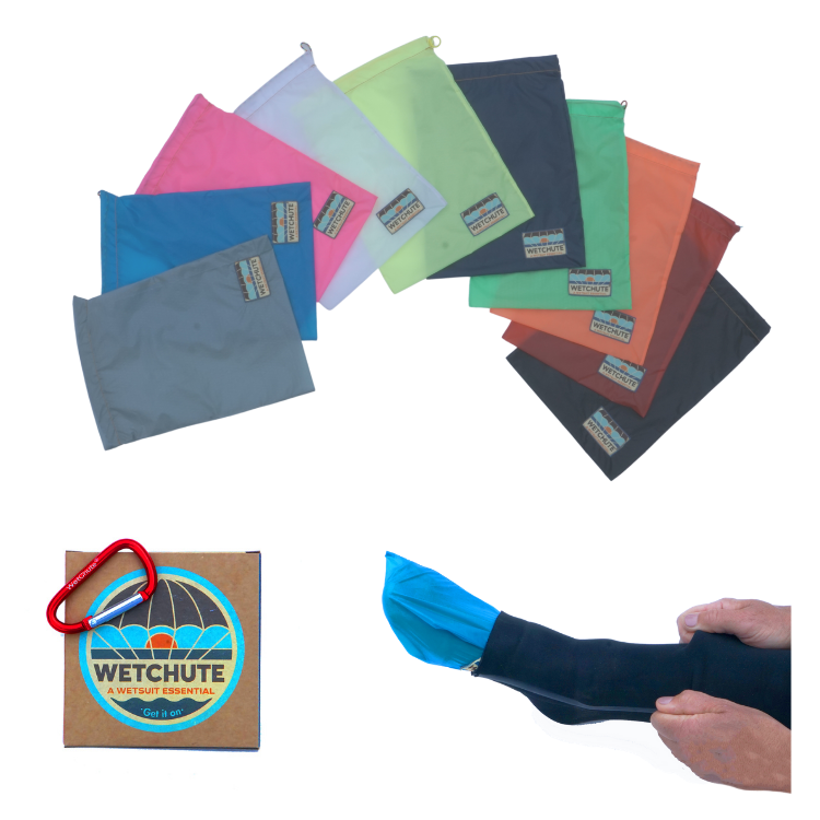 WetChute Classic size is perfect for kids ages 7 and up. Comes in bright variety of colors. Helps you slide into your wetsuit fast and easy and has a carabiner that comes with it to attach it to your beach bag. Perfect gift for kids and adults.